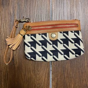 Spartina 449 Black & Cream Houndstooth Wristlet with Tan Leather Trim